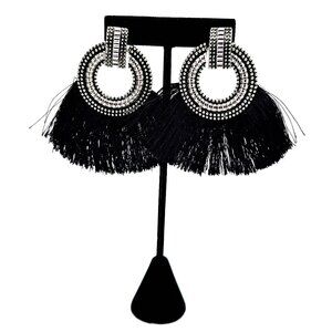 Black Fringe Circle Statement Earrings – Textured Silver-Tone, Pierced, Boho